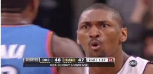 Metta World Peace aka Ron Artest Elbows James Harden (Video ...