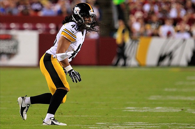 Troy Polamalu jumps over the offensive line