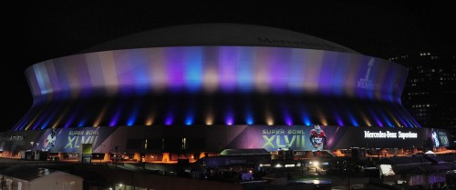 The Mercedes Benz Super Dome is illuminated at night in preparation for Sunday's Super Bowl XLVII in New Orleans, Louisiana. (Gene Sweeney Jr./Baltimore Sun/MCT) ORG XMIT: 1134410