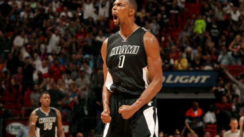 MIAMI, FL - FEBRUARY 9: Chris Bosh #1 of the Miami Heat celebrates during a game against the New York Knicks on February 9, 2015 at American Airlines Arena in Miami, Florida. NOTE TO USER: User expressly acknowledges and agrees that, by downloading and or using this Photograph, user is consenting to the terms and conditions of the Getty Images License Agreement. Mandatory Copyright Notice: Copyright 2015 NBAE (Photo by Isaac Baldizon/NBAE via Getty Images)