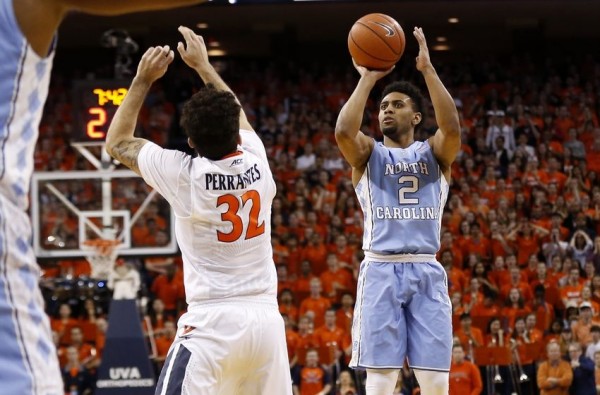 Feb 27, 2016; Charlottesville, VA, USA; North Carolina Tar Heels guard Joel Berry II (2) shoots the ball over Virginia Cavaliers guard London Perrantes (32) in the first half at John Paul Jones Arena. Mandatory Credit: Geoff Burke-USA TODAY Sports