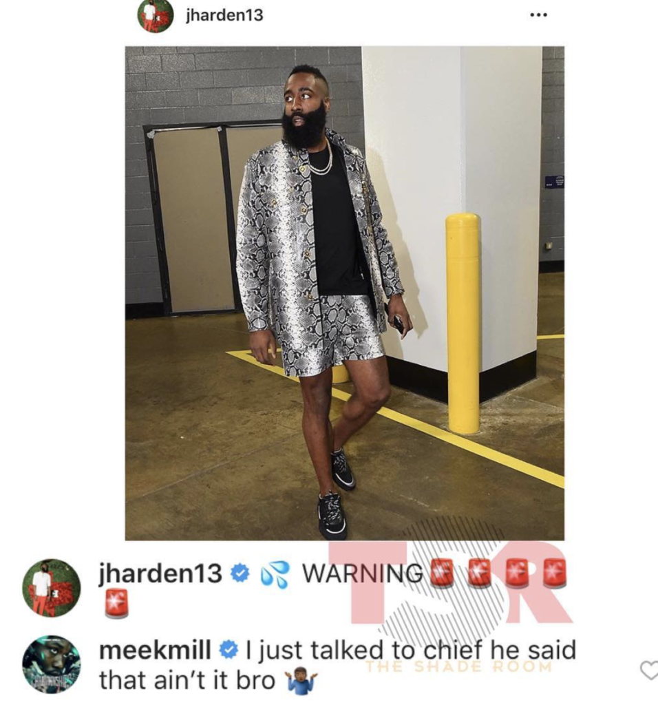 Meek Mill Trolls James Harden's Versace Snake Skin Outfit on Instagram  (Video) - BlackSportsOnline