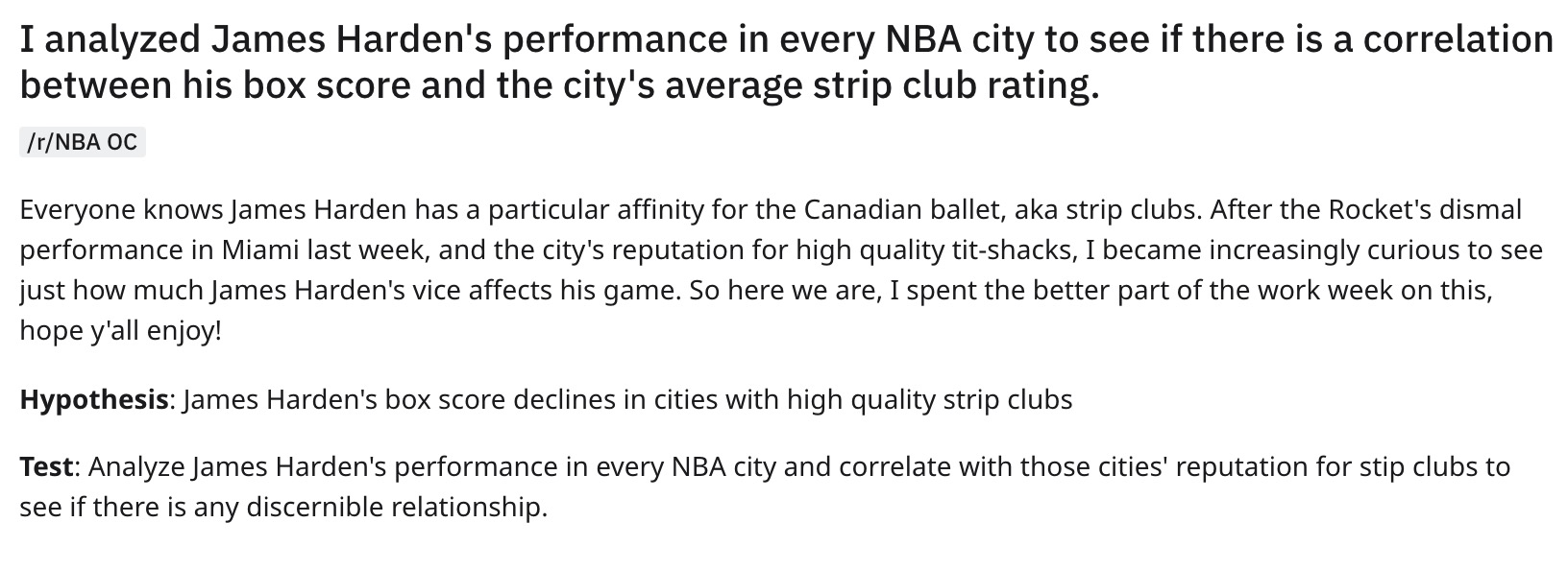 My NBA Reddit Post That Went Viral: James Harden's Road Play with City's  Strip Club Quality Analysis [Updated] - Sports Gambling Podcast