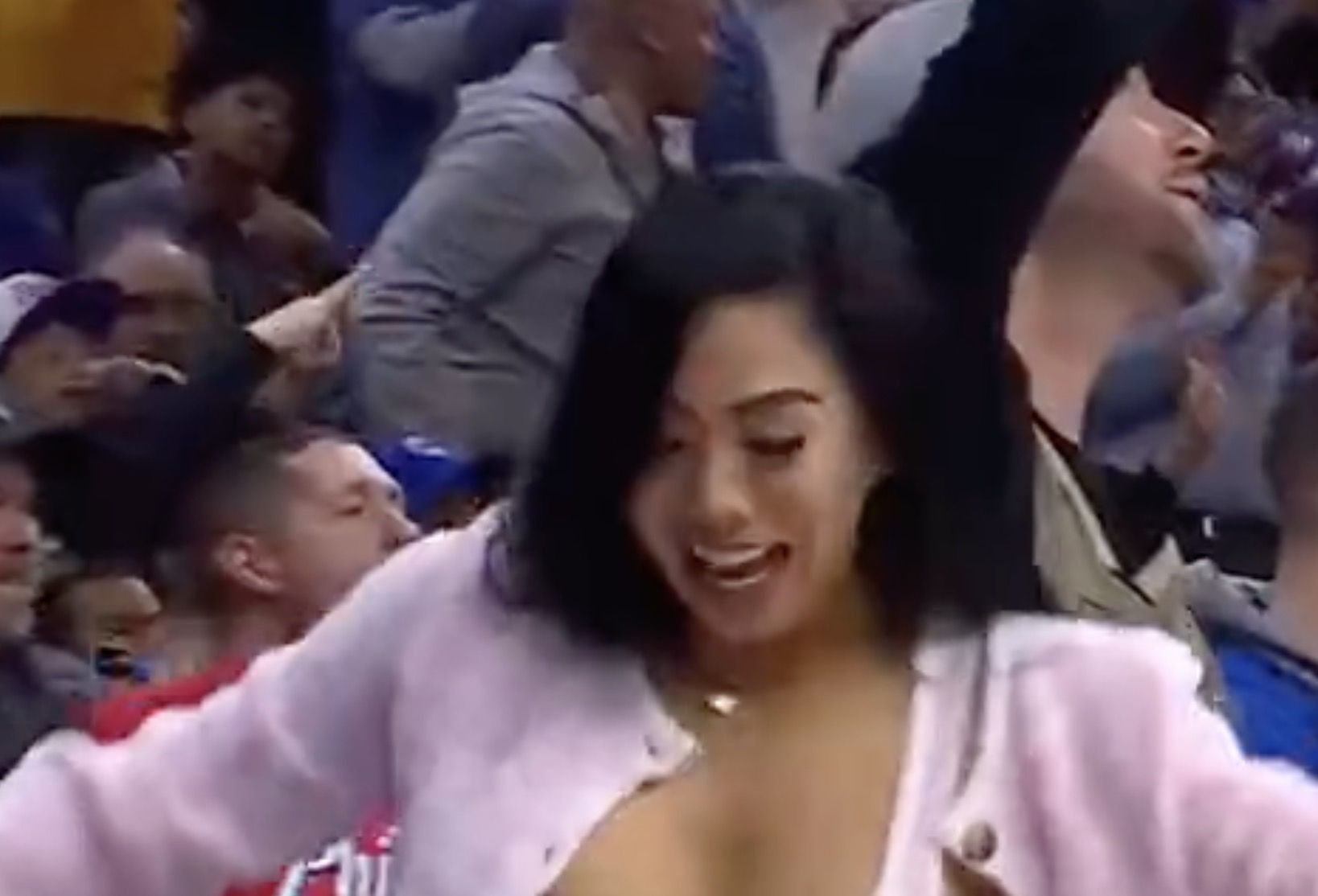 Watch Female Sixers Fan Have a Nip Slip While Celebrating Tobias Harris Hitting a Clutch Three