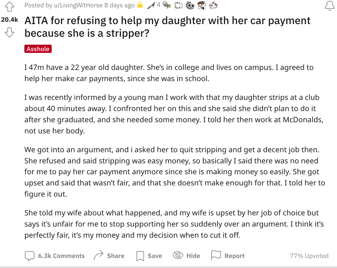 Dad Stops Paying His 22 Year Old Daughters Car Payments After He Found