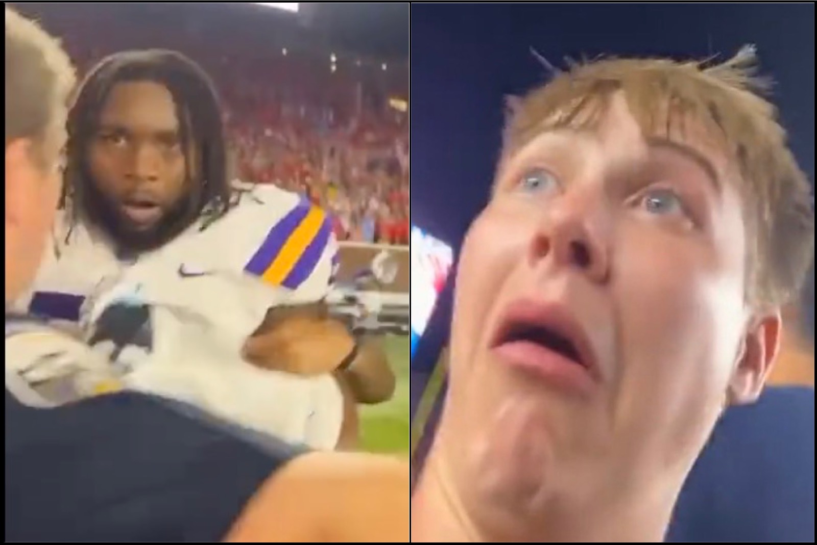 Shirtless Ole Miss Fan Is Scared to Death After Bumping Into LSU’s Jacobian Guillory While Storming The Field