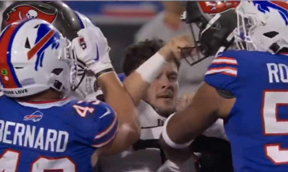 During a Furious Brawl, a Tampa Bay Buccaneers Punter Recklessly Swings His Helmet at Bills Players (VIDEO)