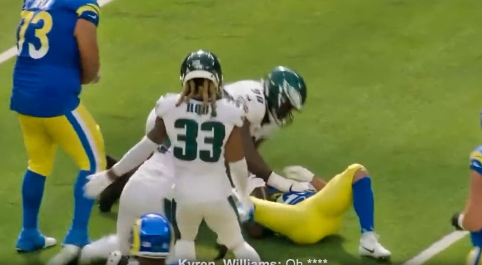 Rams RB Caught On Hot Mic Panicking After being tackled by an Eagles DL, Kyren Williams screamed “OH S” Jordan Davis (VIDEO)