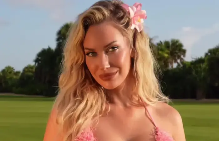 Paige Spiranac Goes Braless While Showing Off Her Body In A Fluffy Bikini Top On The Golf Course