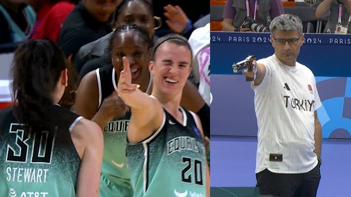 Liberty Star Sabrina Ionescu Does The Olympics Shooter Yusuf Dikec Pose To Celebrate Breanna Stewart’s Three-pointer Against Sparks