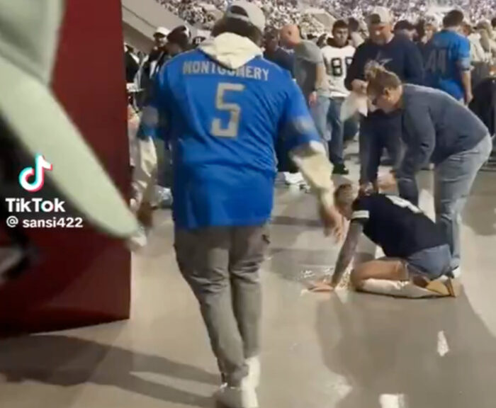 VIDEO: Hilarious Moment Female Cowboys Fan Throws Up All Over The Floor While Lions Fan Hits The Griddy In Front Of Her