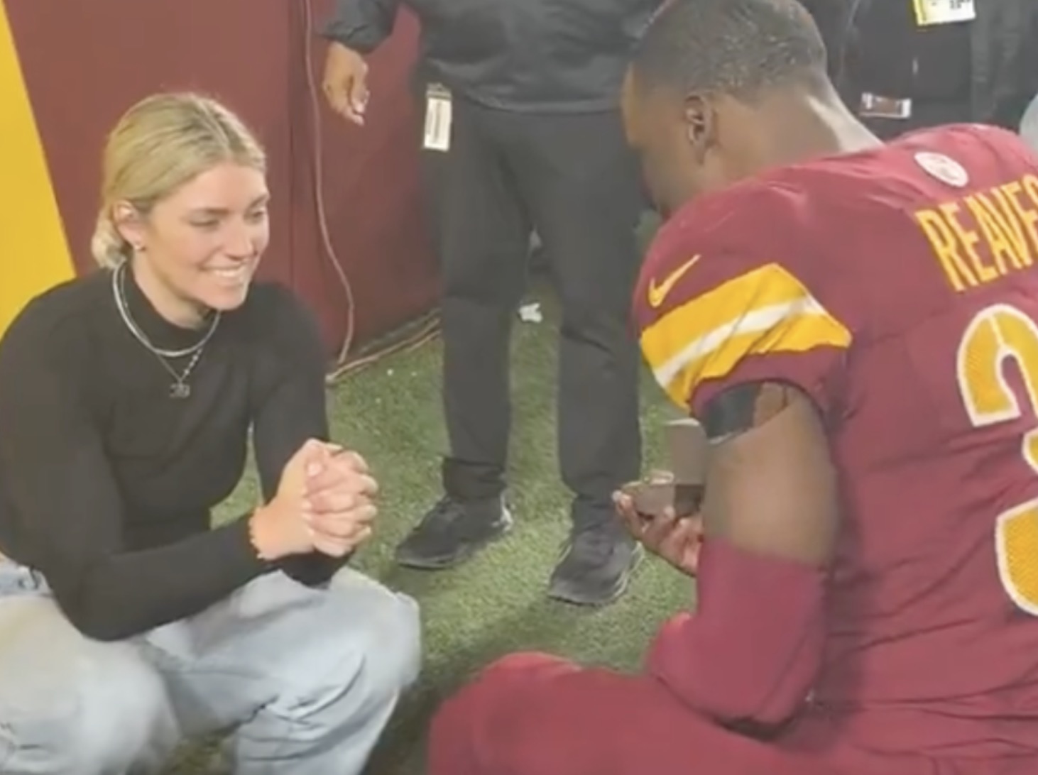 Commanders Jeremy Reaves Proposes to Girlfriend Mikaela Worley on Field