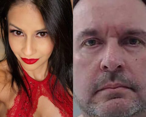 Left: woman with dark hair, bold red lipstick, wearing a red lace top; right: close-up of a man with a gray stubble beard and tired expression.