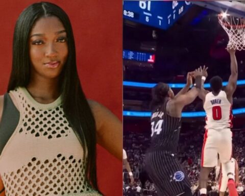 Split image: left a woman with long black hair in a beige mesh top posing against a red background; right a basketball player in white jersey #0 rising for a layup past a defender in striped black uniform in a crowded arena.