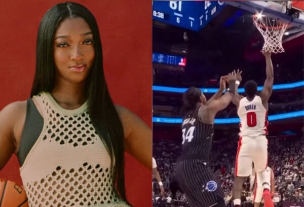 Split image: left a woman with long black hair in a beige mesh top posing against a red background; right a basketball player in white jersey #0 rising for a layup past a defender in striped black uniform in a crowded arena.