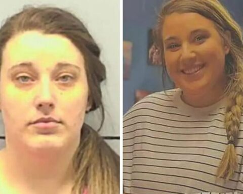 Side-by-side photos of a young woman: left is a mugshot with messy hair, right shows her smiling with a long braid and striped shirt.