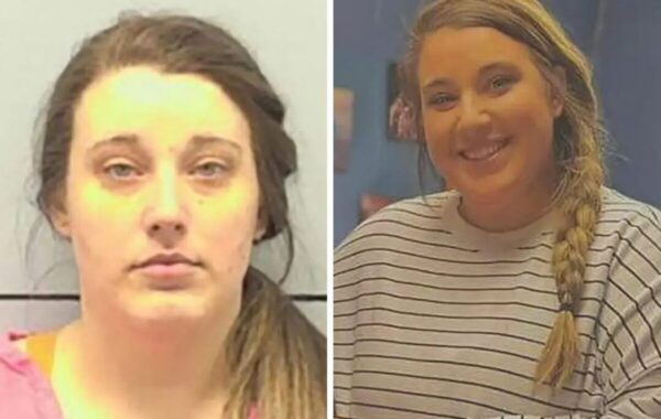 Side-by-side photos of a young woman: left is a mugshot with messy hair, right shows her smiling with a long braid and striped shirt.