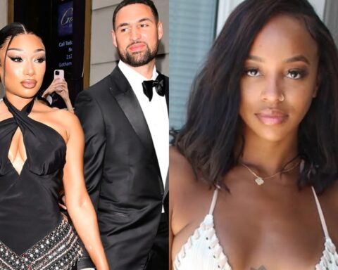 Split-image: Left side shows a woman in a black halter gown with a jeweled belt posing beside a man in a black tuxedo; right side shows a woman with shoulder-length dark hair wearing a white bikini top and a small necklace.
