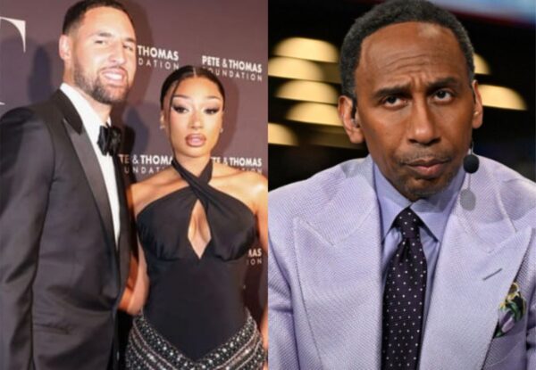 Split image: left a man in a tuxedo posing with a woman in a black halter dress at a red-carpet event; right a man in a lavender suit with a headset microphone.