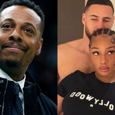 Split image: left a smiling man in a suit; right a woman taking a mirror selfie with braided hair, wearing a 'HOLLYWOOD' shirt, with a shirtless man behind her