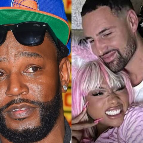 Two side-by-side photos: left shows a man with a blue cap, sunglasses, and beard; right shows a man with a white shirt leaning toward a smiling woman with pink hair.