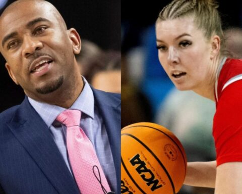 Split image: a man in a navy suit with a pink tie speaking on the left, and a female basketball player in a red jersey dribbling with an orange ball on the right