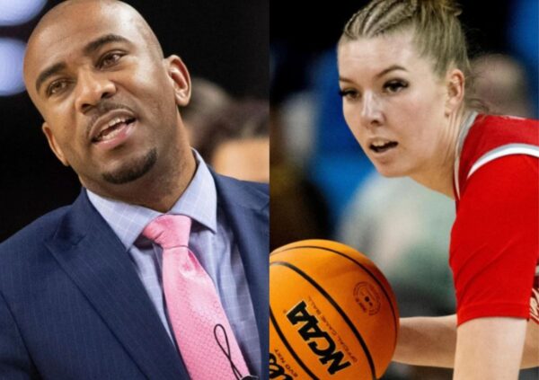 Split image: a man in a navy suit with a pink tie speaking on the left, and a female basketball player in a red jersey dribbling with an orange ball on the right