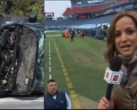 Split-screen collage: left side shows a severely damaged car with exposed engine; right side shows a female reporter with a microphone at a sports stadium field.