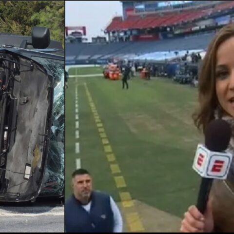 Split-screen collage: left side shows a severely damaged car with exposed engine; right side shows a female reporter with a microphone at a sports stadium field.