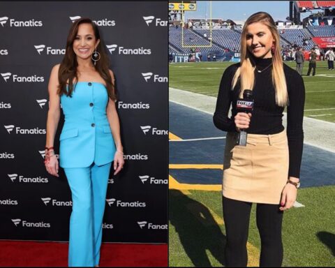Left: Woman in a turquoise sleeveless pantsuit posing on a red carpet, with a Fanatics backdrop behind her. Right: Female reporter on a football field holding a FOX 17 microphone, wearing a black top and beige skirt with stadium seating in the background.