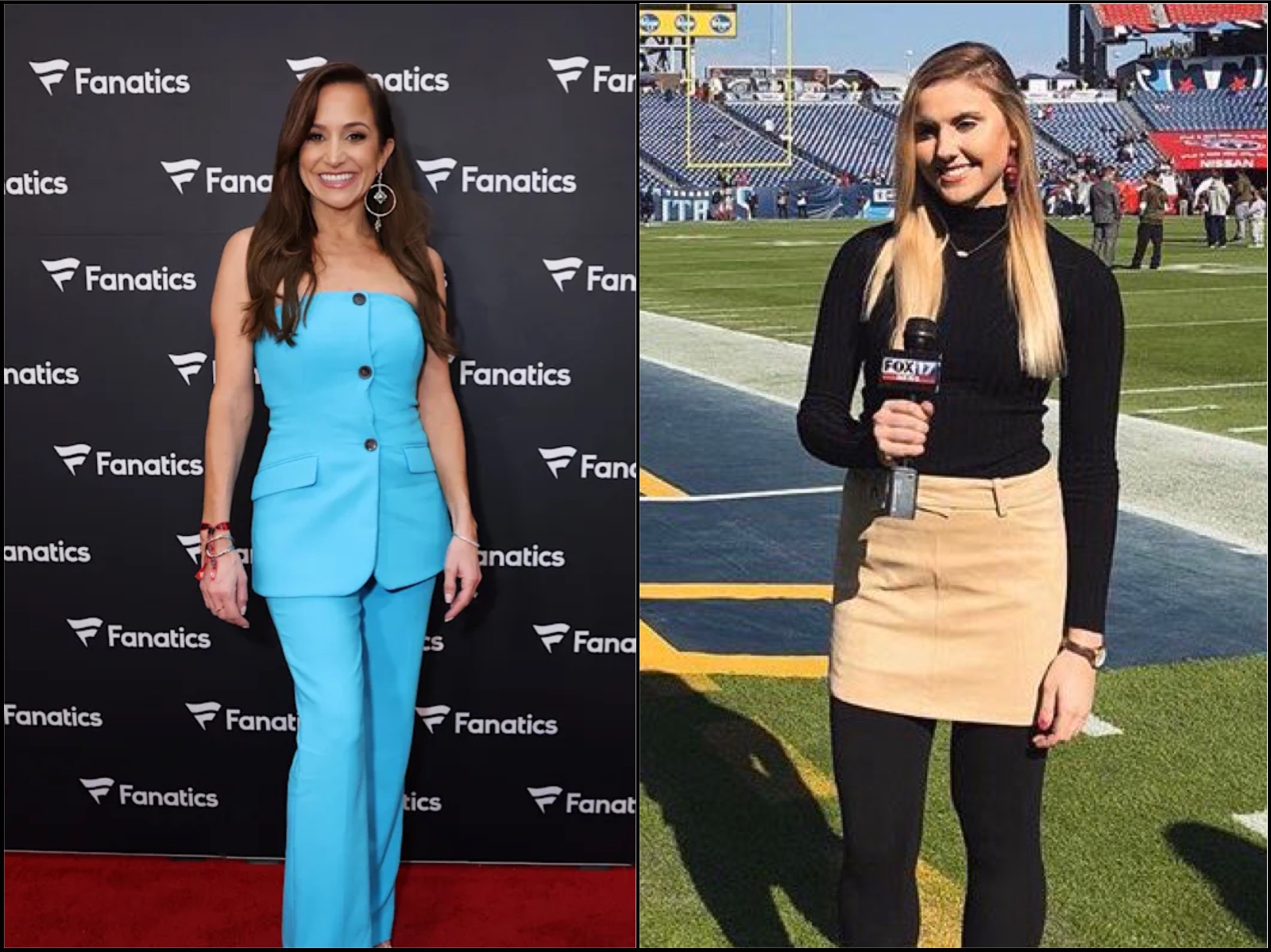 Left: Woman in a turquoise sleeveless pantsuit posing on a red carpet, with a Fanatics backdrop behind her. Right: Female reporter on a football field holding a FOX 17 microphone, wearing a black top and beige skirt with stadium seating in the background.