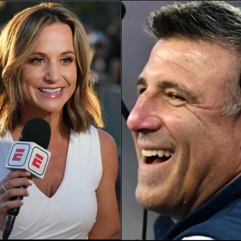 Split image of a female reporter holding an ESPN microphone on the left and a man wearing headphones laughing on the right.