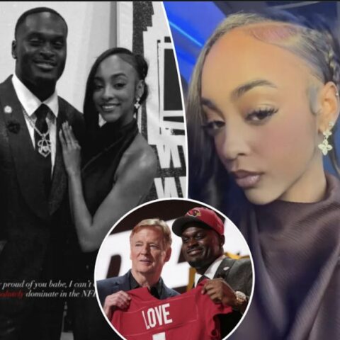 A couple posing together in a split collage, left in black‑and‑white formal attire, right a woman in a car taking a selfie, with a circular inset of two men holding a red jersey labeled 'LOVE' at the bottom.