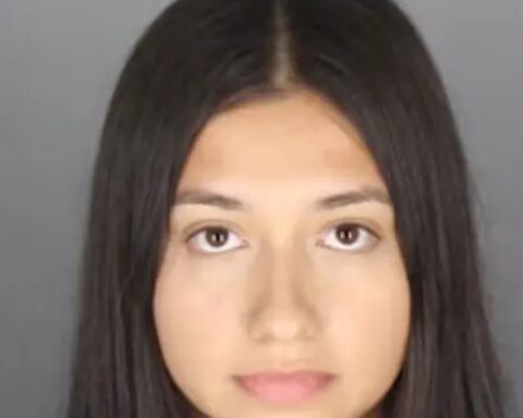 Close-up portrait of a young woman with long dark hair and neutral expression against a gray background.