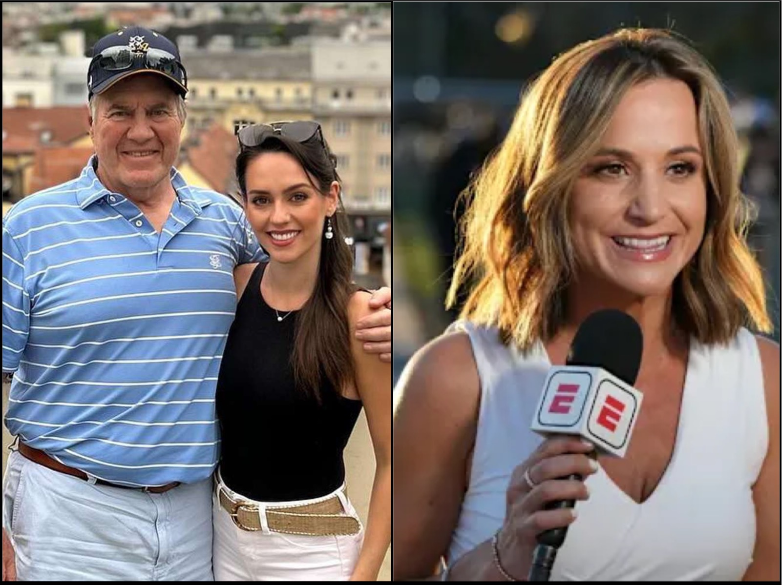 Smiling older man in a blue striped polo and cap posing with a younger woman in a black top outdoors near a cityscape.