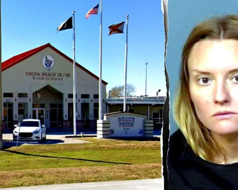 Split image: left shows Cocoa Beach Jr/Sr High School exterior with flags and parked cars; right shows a close-up of a woman with blonde hair looking at the camera.