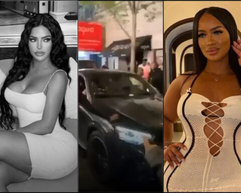 Three-panel collage: left shows a woman in a white dress posing indoors; middle depicts a busy street with a dark car and pedestrians; right features a woman in a white/form-fitting dress indoors.