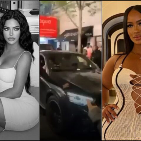 Three-panel collage: left shows a woman in a white dress posing indoors; middle depicts a busy street with a dark car and pedestrians; right features a woman in a white/form-fitting dress indoors.