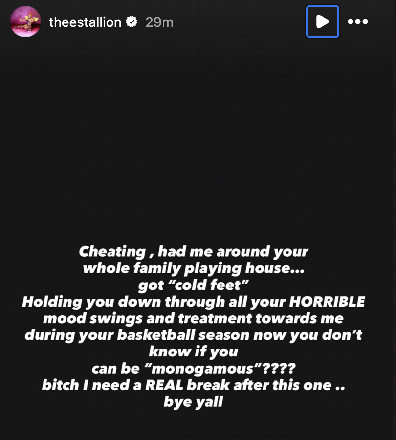 Black Instagram story slide with large white bold text about cheating and wanting a real break in a relationship.