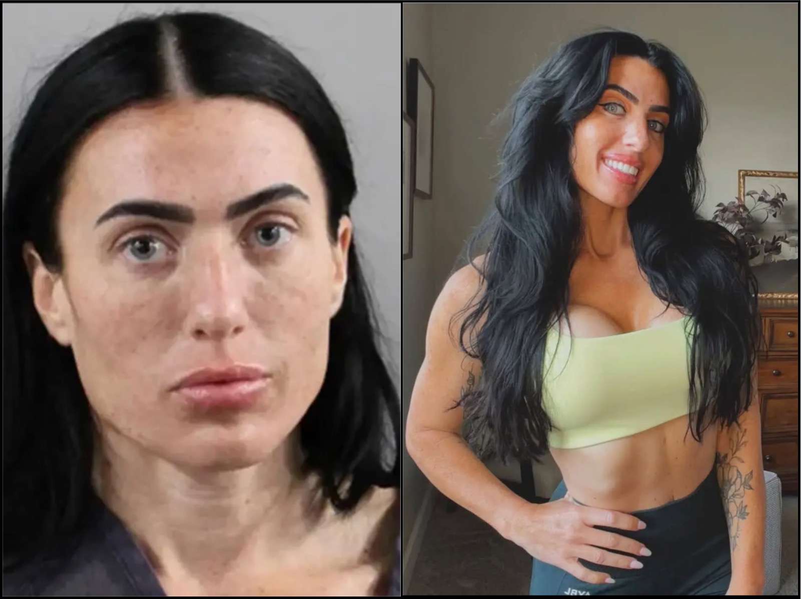 Before-and-after collage showing a woman: left a mugshot-style close-up with dark hair and pale skin; right a smiling woman with long black hair wearing a light green top.