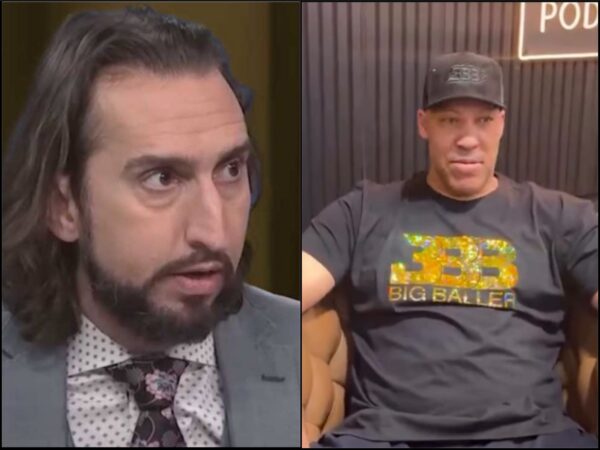 Split-screen podcast interview with two men: left is a bearded man in a suit speaking, right is a man in a cap and dark T-shirt seated in a studio.