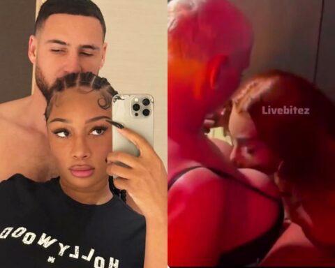 Two-panel collage: left shows a shirtless man and a woman taking a mirror selfie; right shows them kissing closely in a dim setting.