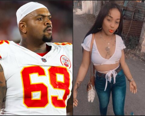 Two people shown side by side: left is a football player in a white Kansas City Chiefs jersey with number 66 and a white head wrap, looking off to the side; right is a woman with long dark hair, white cropped top, blue jeans, orange lipstick, walking down a street with buildings in the background.