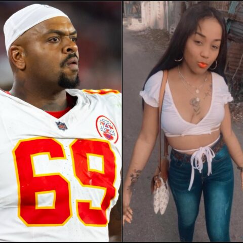 Two people shown side by side: left is a football player in a white Kansas City Chiefs jersey with number 66 and a white head wrap, looking off to the side; right is a woman with long dark hair, white cropped top, blue jeans, orange lipstick, walking down a street with buildings in the background.