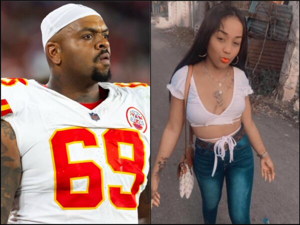 Two people shown side by side: left is a football player in a white Kansas City Chiefs jersey with number 66 and a white head wrap, looking off to the side; right is a woman with long dark hair, white cropped top, blue jeans, orange lipstick, walking down a street with buildings in the background.