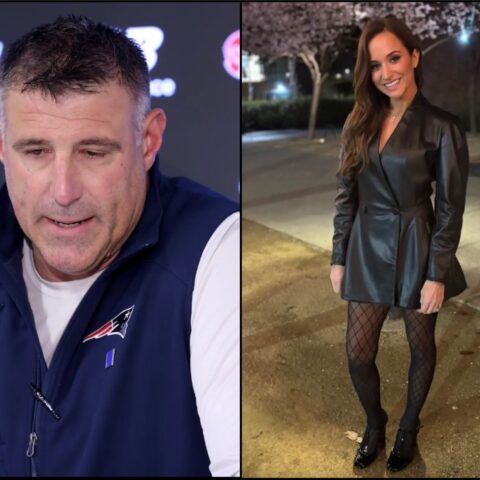 Left: man at a press conference wearing a Patriot-branded navy vest; right: woman in a black leather coat posing outdoors at night under trees.