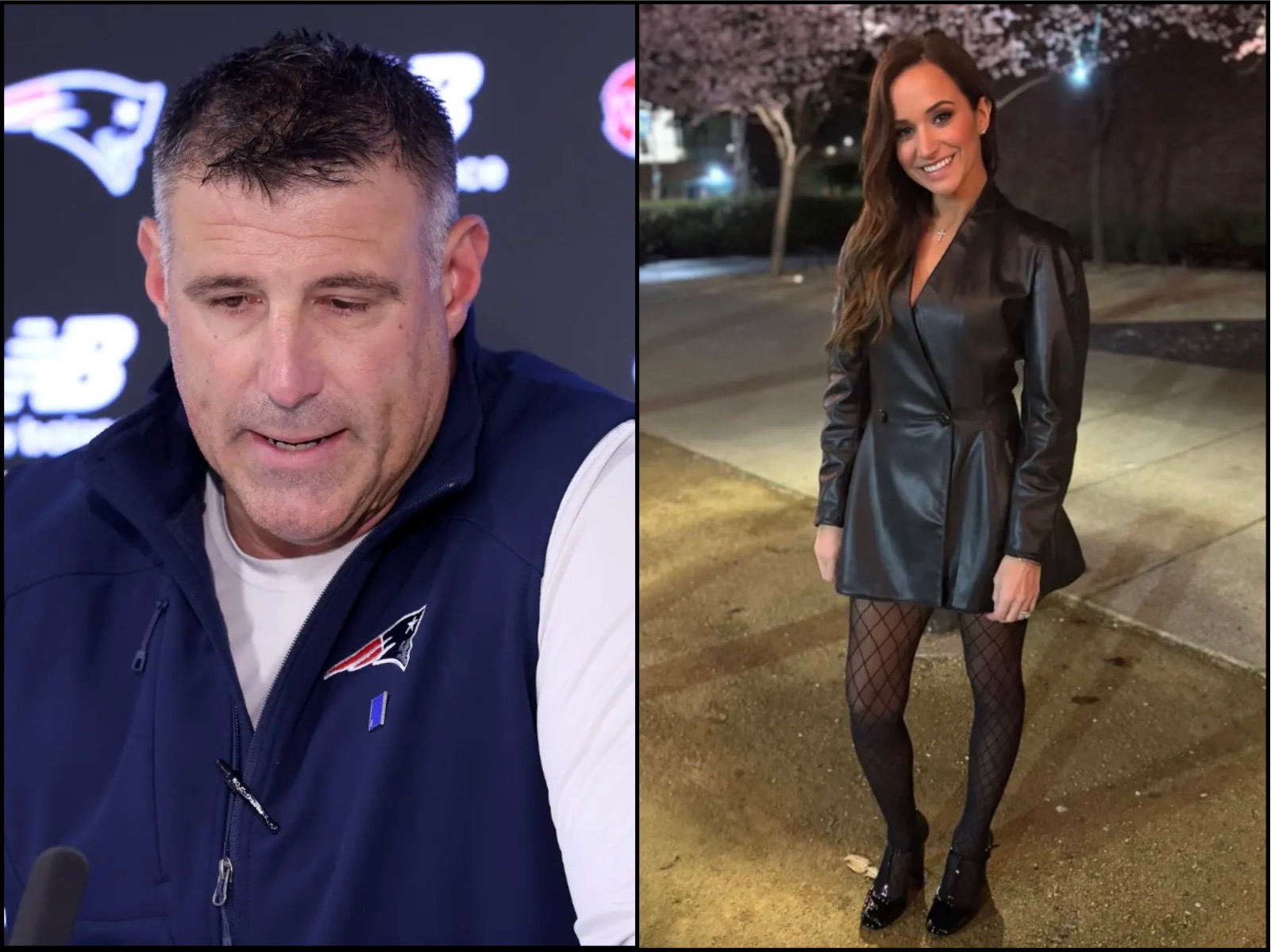 Left: man at a press conference wearing a Patriot-branded navy vest; right: woman in a black leather coat posing outdoors at night under trees.