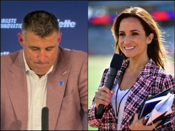 Split photo: a man in a pink blazer speaking at a podium on the left and a smiling female reporter with a handheld microphone outdoors on the right.