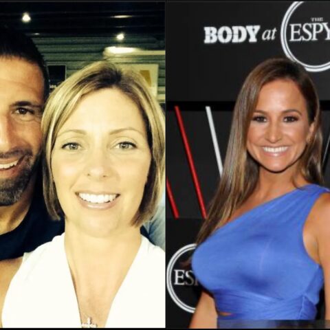 Two-panel collage: left shows a smiling man and woman taking a selfie; right shows a woman in a blue dress on the ESPYs red carpet.