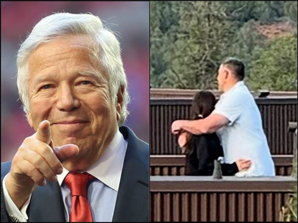 Collage: left—gray-haired man in a suit points at the viewer; right—man in a light shirt hugs someone on a wooden railing outdoors.